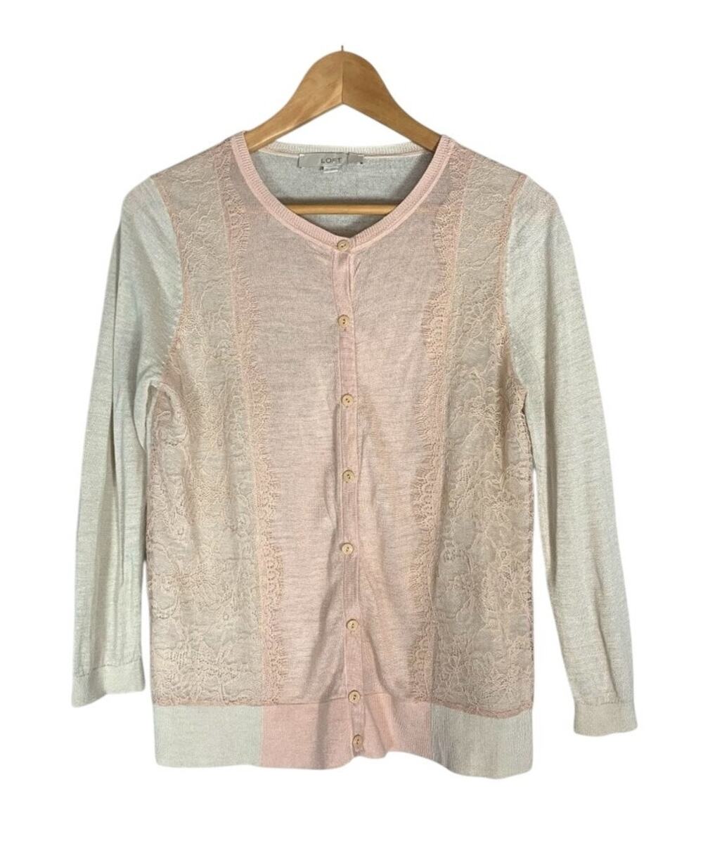 Loft Lace Front Cardigan Light Pink and Beige, Size M, Coquette, Romantic, Fairy